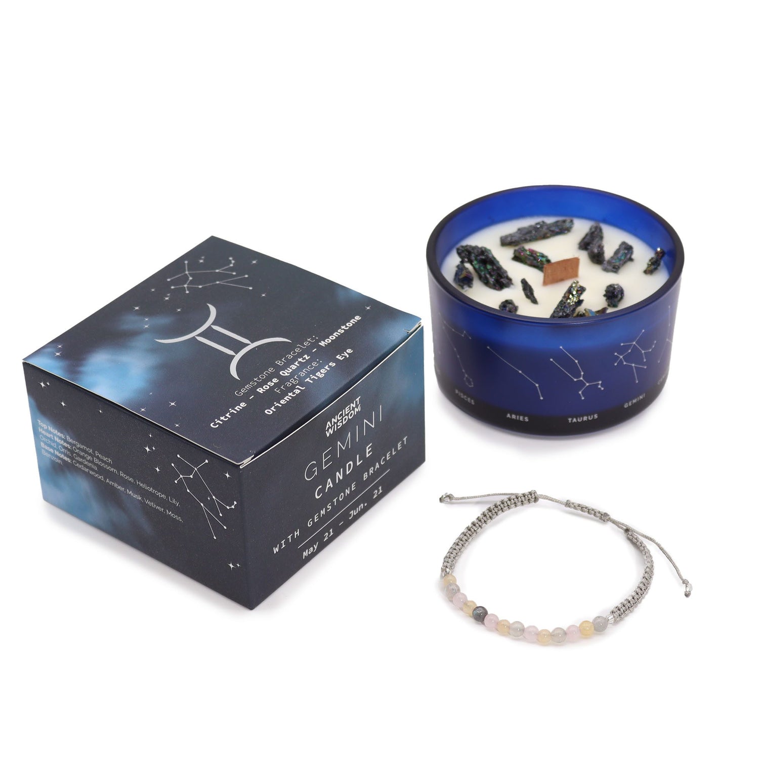 Zwilling Sternzeichen Crystal Kristall Kerze mit Edelstein Armband