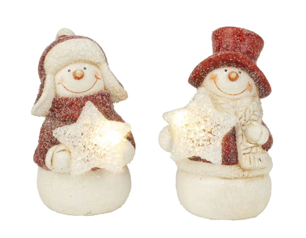 Schneemann stehend mit Winterbekleidung und LED-Stern