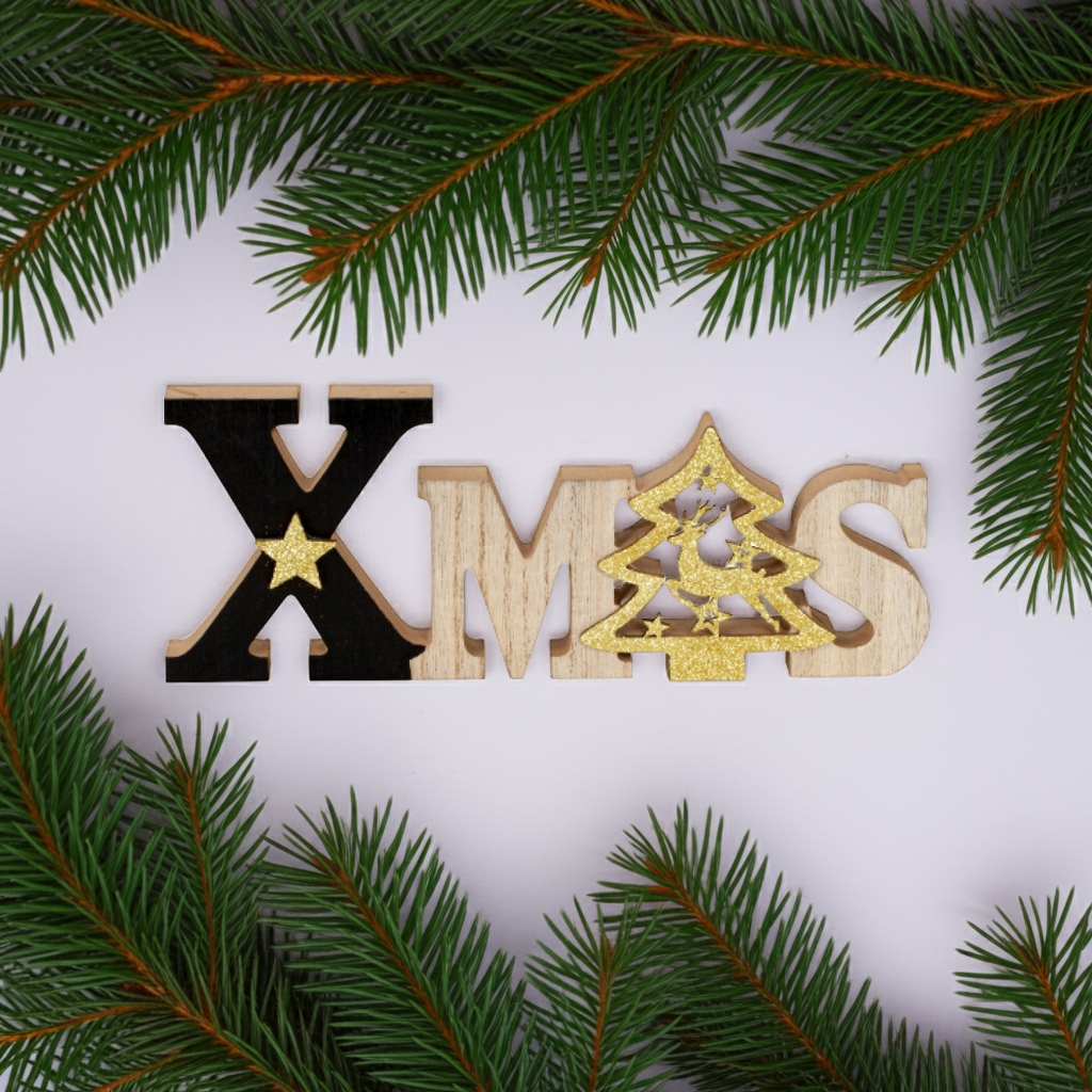 "XMAS" Schriftzug in schwarz und gold
